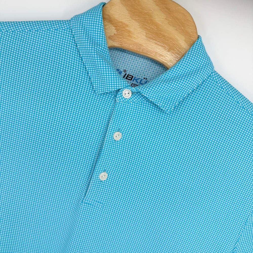 IBKUL Polo Shirt Mens L Blue Gingham Long Sleeve UPF 50+ IceFil Performance Golf